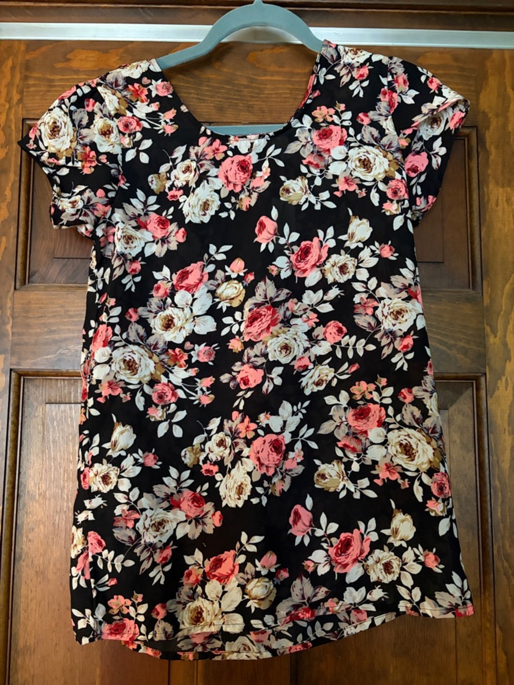 Japna Black Floral Scoop Neck Top with Pink & Cream Roses